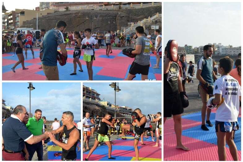 Varios momentos de la exhibición del Club Kick Boxing Coleta en el muelle de Melenara (Foto TA)